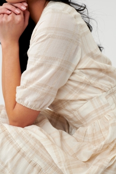 Womens tan and cream 3/4 puff sleeve top wrap modest dress